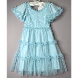 NWT Ivy City Co Blue Mini Corrine Daisy Print Tulle Ruffle Dress Girls 6-7T